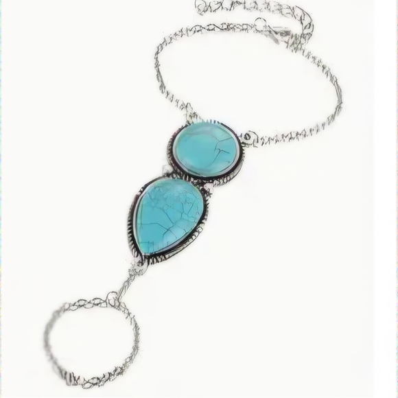 Turquoise Stoned  and Silver Chain Bracelet/Ringlet - Picture 3 of 3